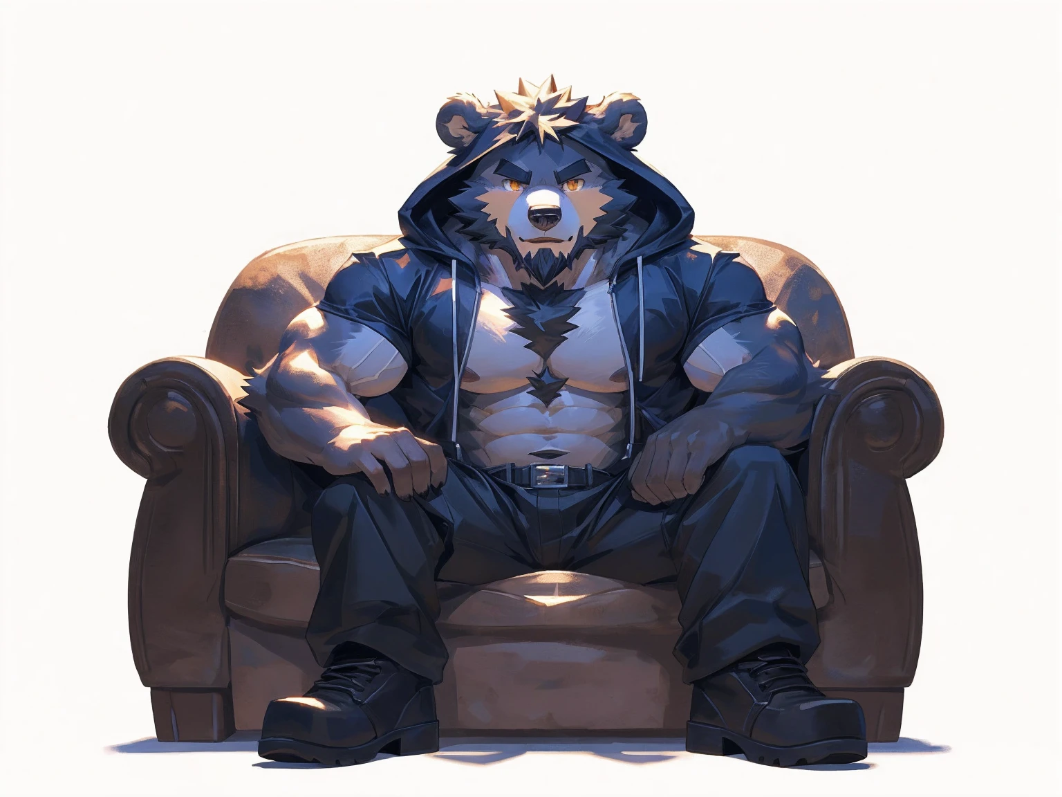 (masterpiece:1.2), best quality,pixiv,official art,perfect anatomy, (Ray tracing, light),solo, (1_male:1.3) , (muscle), (grey fur:1.4), (muscle bear), (beard:1.2), (gleaming golden eyes), bear tail, full body, Thick black eyebrows,(open hooded parka), (naked inside), (cargo pants:1.2), boots , (pure white background: 1.3), sitting on sofa , look at viewer 