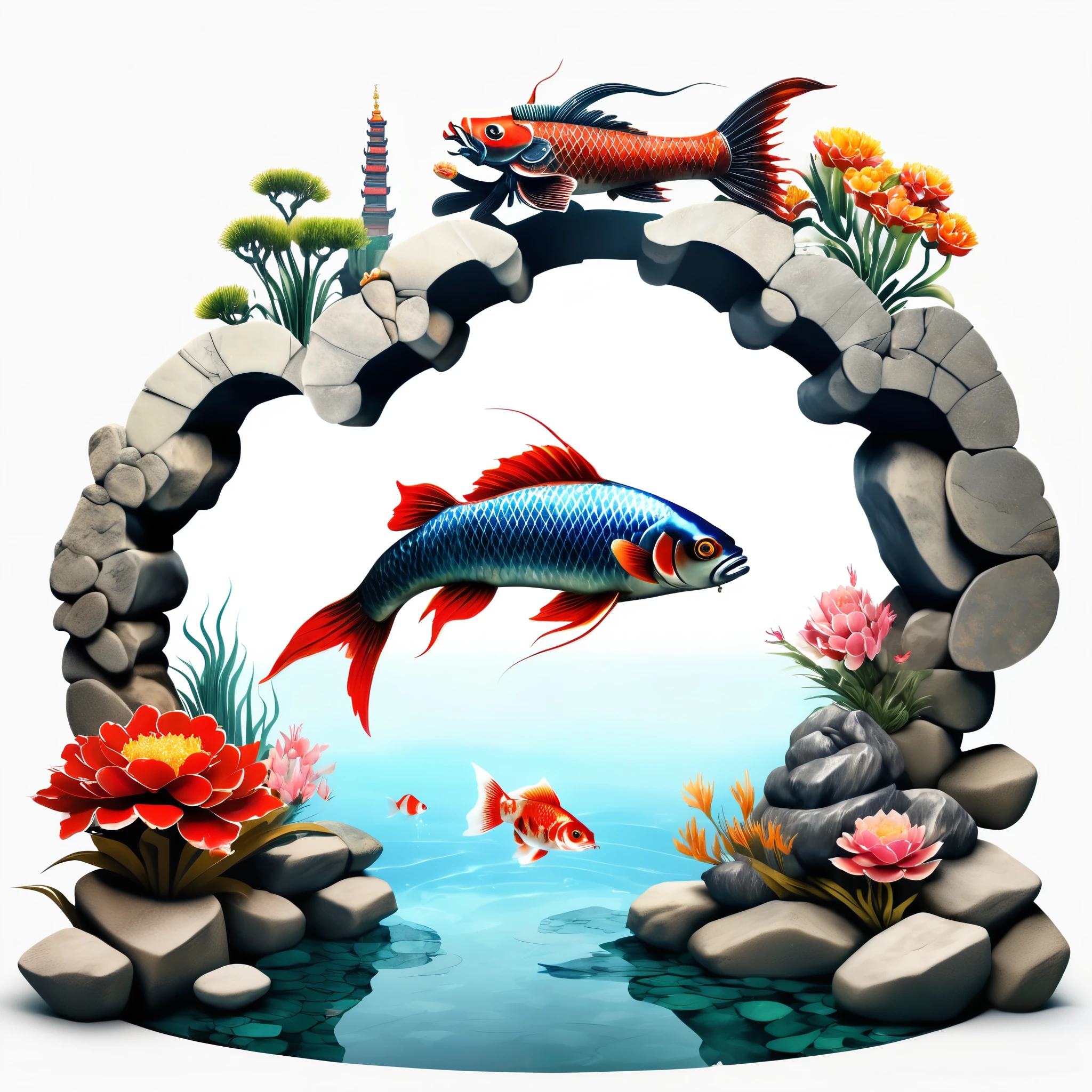 huaniao, [(White background:1.5)::5], Medium shot, Full body, Chinese style, Floral,((fish)),stone fragment, beautiful detailed water,Swimming pool,