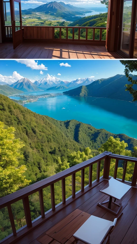 (masterpiece,Highest quality:8K) Affordable bedroom with mountain views and balcony, Beautiful views, A soothing and comfortable landscape, Detailed view, インスタグラムの写真 Nice views, beautifully、aesthetic, Beautiful nature in the background, Amazing scenery in the background, 8K Photorender Reality Engine, Beautiful views, Overlooking the valley, Nice views, beautiful place, paradise in the background
