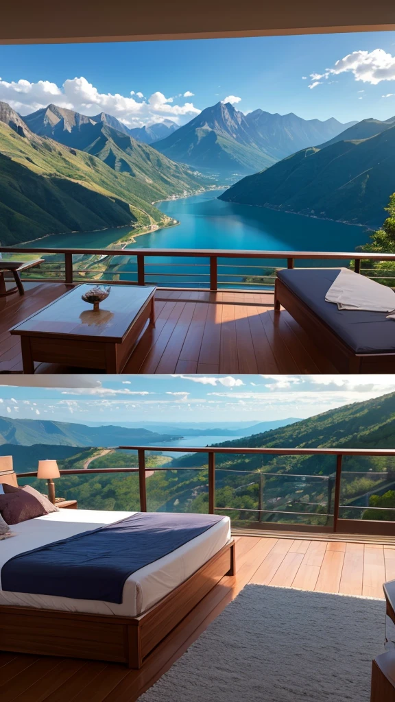 (masterpiece,Highest quality:8K) Affordable bedroom with mountain views and balcony, Beautiful views, A soothing and comfortable landscape, Detailed view, インスタグラムの写真 Nice views, beautifully、aesthetic, Beautiful nature in the background, Amazing scenery in the background, 8K Photorender Reality Engine, Beautiful views, Overlooking the valley, Nice views, beautiful place, paradise in the background