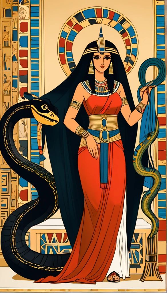 Femme égyptienne , avec une grosse poitrine, une peau de serpent, de l'Égypte antique, dans un temple égyptien, porte une robe rouge et couleur sable, épousant le corps, a de long cheveux raide noirs orné de nombreux bijoux,  la femme est enceinte de serpent, sa poitrine gonflé de lait, des crochets de serpent, visible lorsqu'elle sourit, a des yeux doré a pupilles reptilienne, porte un cobra noir 