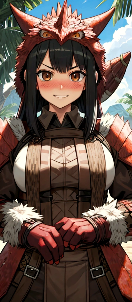 
((monsterhunter)), looking the viewer, solo, girl, shy, red cheek, bashful, embarrassed, smiling, happy, perfect face, muscular,  long hair, beautiful eye, warrior, upper body
