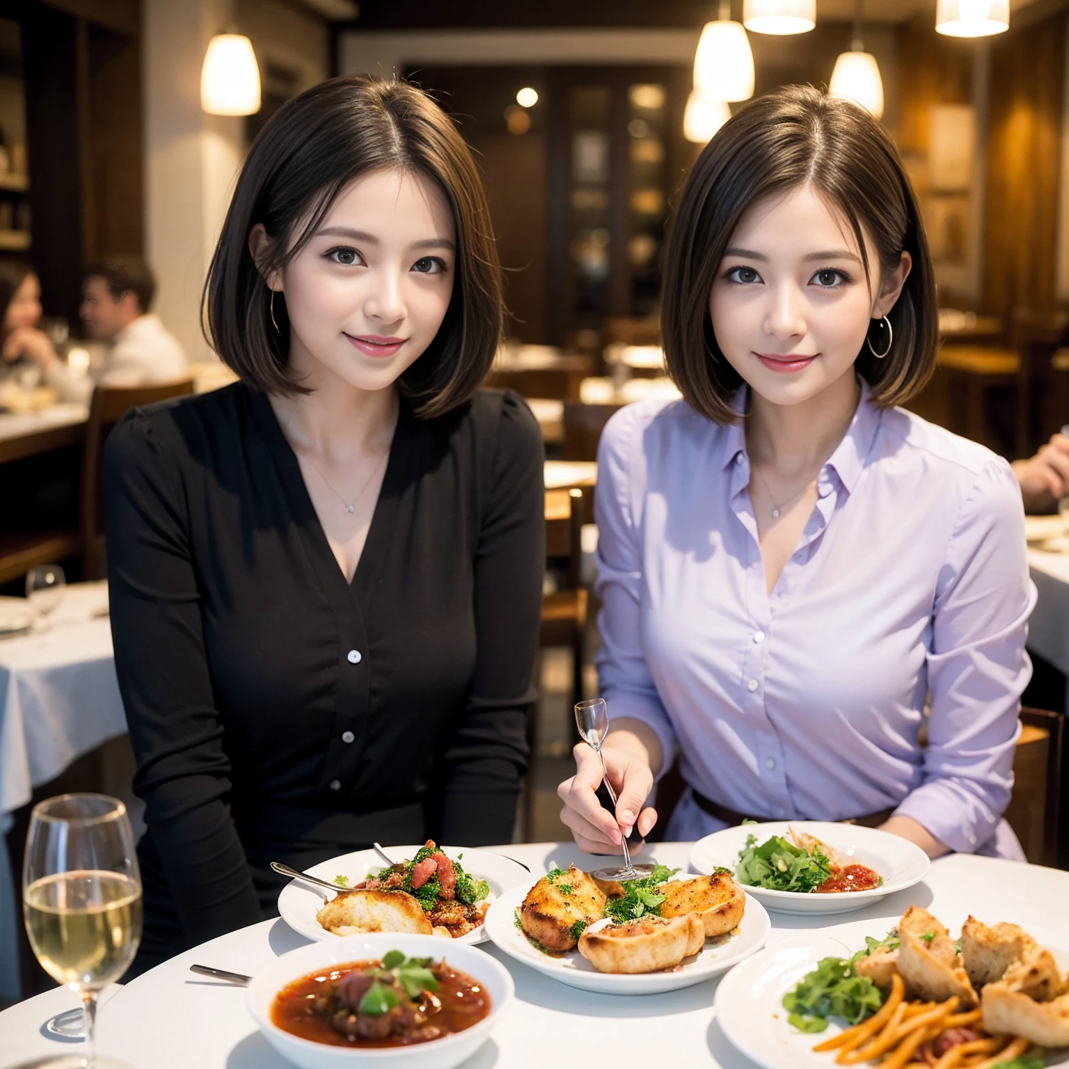 ((Highest quality、8K、masterpiece:1.3))、Yuuko Araki、slimカップル、Pink rubber、modelカップル、(Realistic, Intricate details:1.2), full-course dinner、Wine Party、Amazing view of the sunset sky and clouds、A bright smile、The wonderfulness of smile、Bright image、The beauty of wine, Beautiful Face, blue eyes, The light shines on your face, Blushing, short hair,Bright Face、42 years old), 39 years old, red wine 、Appetizers、Italian food、Wine bottle、Champagne、sparkling wine、Two beauties、Brown Hair、Shortcuts、Long sleeve shirt、dress、Beautiful woman 1, (slimな顔), (The body is slim), (Brown Hair), (Shortcuts), cheeks turn a little red,Attractive beauty、restaurant, In a prominent place (From the waist up) Nova Frog Style, actress, model, Upper Body, White wine, slim, wine glass, 中央に置かれたwine glass, smile, (smile: 1.15), Beautiful fine grain, Depth f/2,saturation, High Contrast, Strong light and shadow,Moist Body:1.5、3D texture、Delicate eyes、Brown Hair、The hair is very shiny、