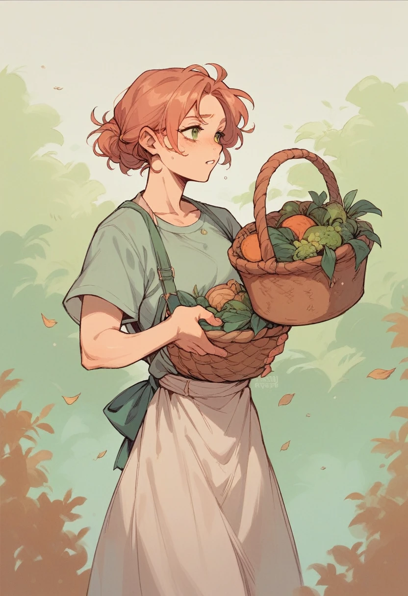 Show her helping with chores, perhaps carrying a basket of freshly harvested vegetables.