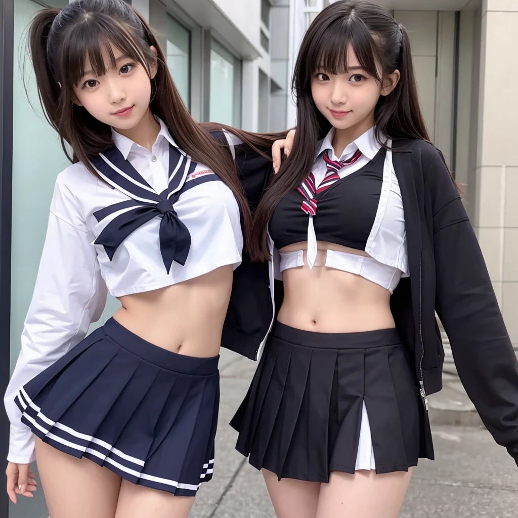 Solo, female students, school unifrom, serafuku, cropped unifrom, underboob, constriction, navel, hips, mini skirt, thigh, 