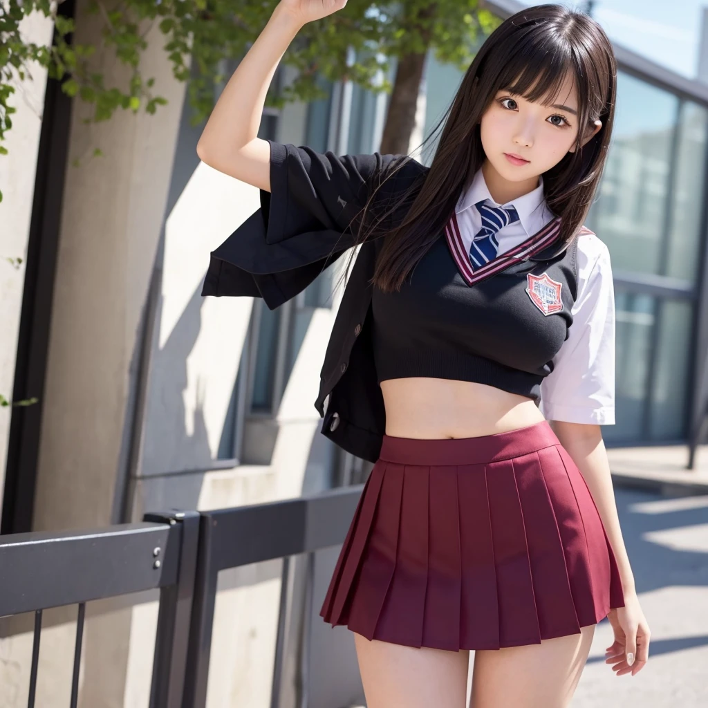 Solo, female students, school unifrom, serafuku, cropped unifrom, underboob, constriction, navel, hips, mini skirt, thigh, 