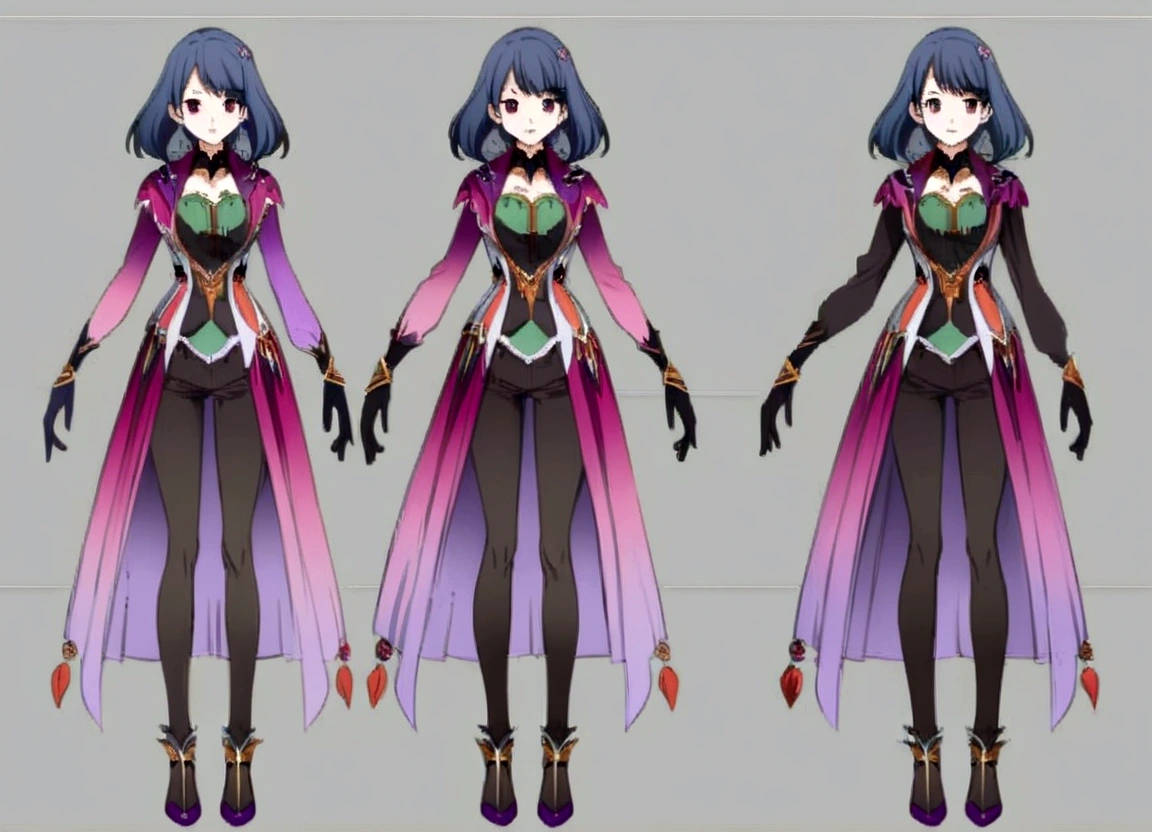 character design board, anime girl, design, just one character, clothes, rotation, fantasy clothes, complex design, full body, concept art, character sheet