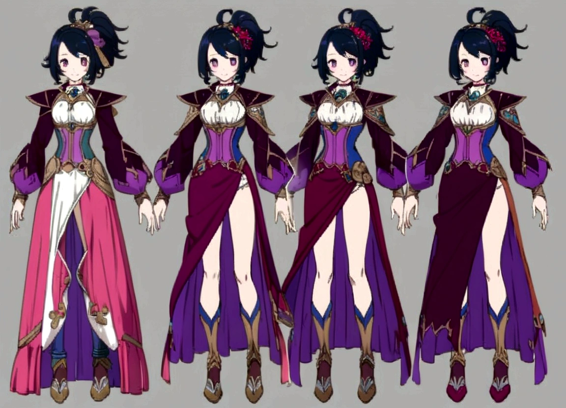 character design board, anime girl, design, just one character, clothes, rotation, fantasy clothes, complex design, full body, concept art, character sheet