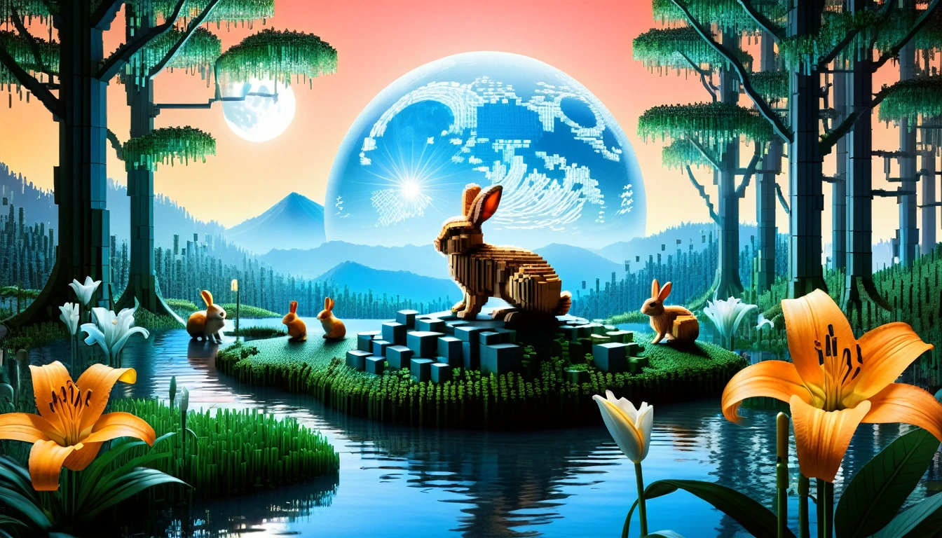 An enchanted forest made up of RAL-3D cubes, There are lots of small animals,Wrapped in the magical light of the moon,Very beautiful secret forest,You can see a beautiful river flowing from the top of the mountain.,Small rabbits and lilies are gathered together