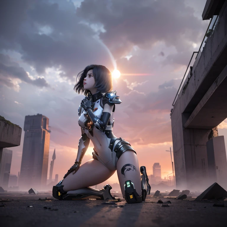 Create a dramatic image of a futuristic city in ruin. The sun sets in the background, casting a somber light. In the center of the debris, a woman wearing a broken high-tech futuristic mecha suit kneels, appearing exhausted and sorrowful. The scene conveys the end of a battle and the loss of her comrades.