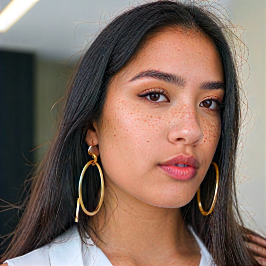 A young 19-year-old woman named Lila Nakamura with a mixed Asian and American heritage. She has thick dark black eyeliner, glossy lips, and a neutral to slight smile expression. She has straight, black hair with blonde highlights that falls just past her shoulders, styled in a neat and polished manner. Her eyes are almond-shaped with a light hazel color, accentuated by subtle eyeshadow and mascara. Her skin has a light to medium tone with a natural, fresh look, and she has a few delicate freckles across her nose. She is wearing a simple, professional outfit, consisting of a white blouse and dark jeans, and accessorized with small gold hoop earrings. The background is a neutral studio setting with soft lighting to highlight her features.