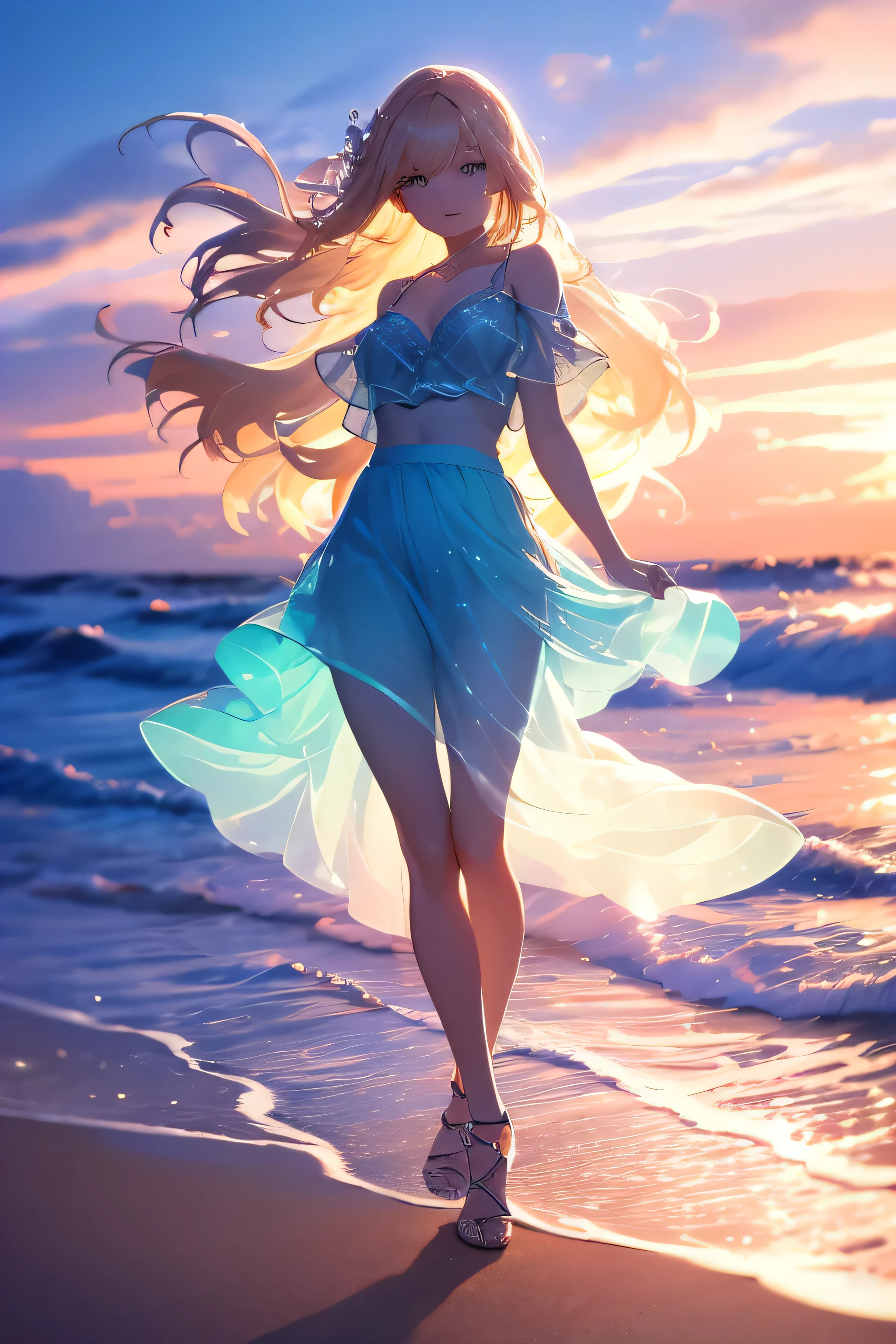 masterpiece, high quality, Movie stills, One person girl,Blonde,night,Night Sky, Floating in the sky, Cloud Girl, cloud, (Cleavage close-up: 1.1), colorful, Transparent body,Shine,Full Body Lesbian,Green Skirt,Blue Skirt,Transparent clothes