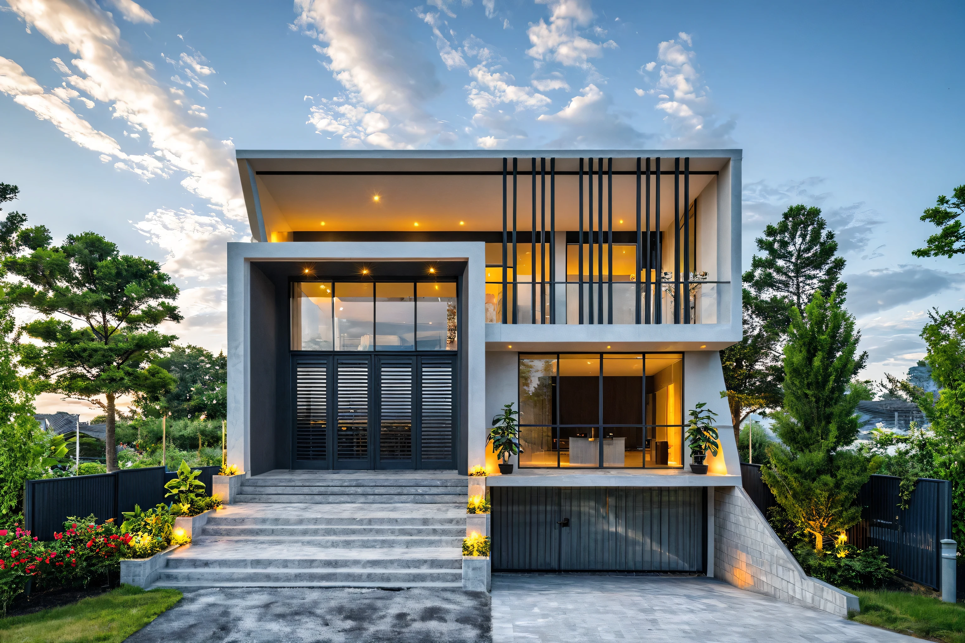 Masterpiece, high quality, best quality, authentic, super detail, outdoors, onestoreyvillaXL, aiaigroup, house style modern, white wall ,pavement, grass, trees, dusk sky, cloud, (daylight:1.1)
