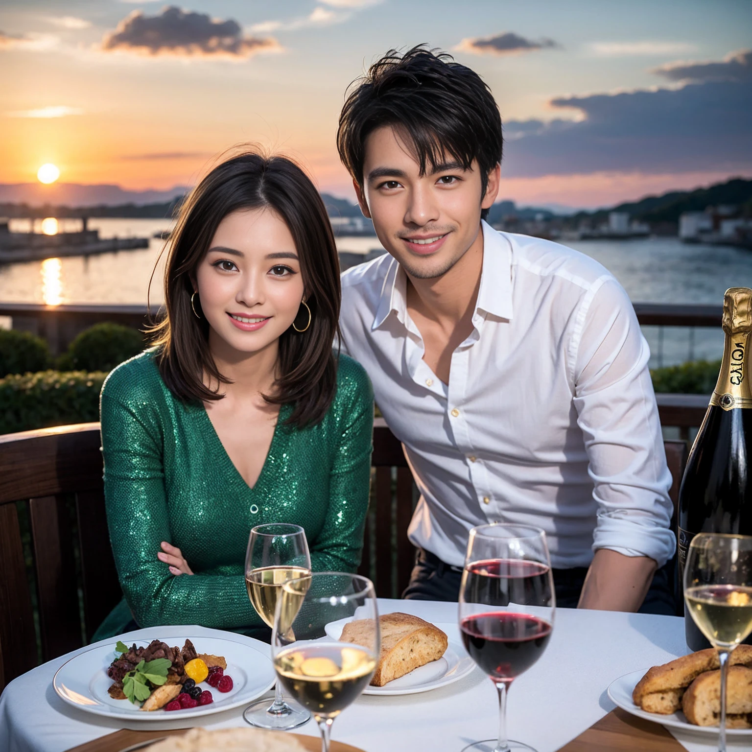 ((Highest quality、、masterpiece:1.3))、1 male 1 female、Slim Couple、Beautiful couple、Pink Couple、smile、 (Slim face), (the body is スリム), (Brown Hair), (Shortcuts), テーブルのフルコースディナーとwine glass、Amazing view of the sunset sky and clouds、smileの美しさ、Shortcuts,Bright Face、red wine 、Wine bottle、Champagne、sparkling wine、Long sleeve shirt、dress、actress, model, Upper Body, White wine, red wine, wine glass,