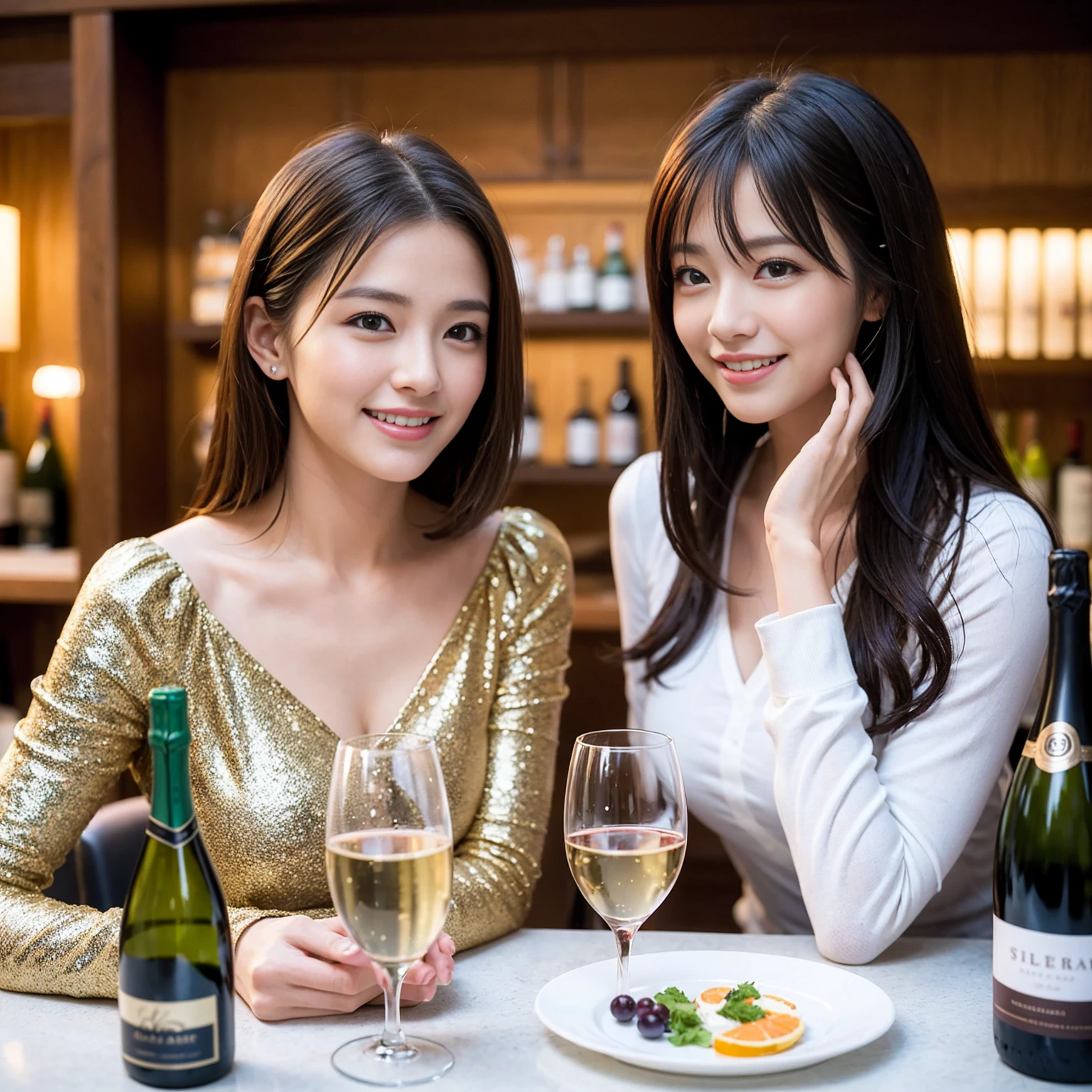 ((Highest quality、、masterpiece:1.3))、1 male 1 female、Slim Couple、Beautiful couple、Pink Couple、smile、 (Slim face), (the body is スリム), (Brown Hair), (Shortcuts), テーブルのフルコースディナーとwine glass、Amazing view of the sunset sky and clouds、smileの美しさ、Shortcuts,Bright Face、red wine 、Wine bottle、Champagne、sparkling wine、Long sleeve shirt、dress、actress, model, Upper Body, White wine, red wine, wine glass, 