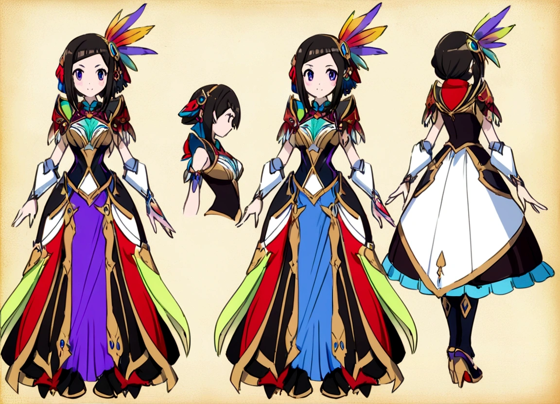 character design board, anime girl, design, just one character, clothes, rotation, fantasy clothes, complex design