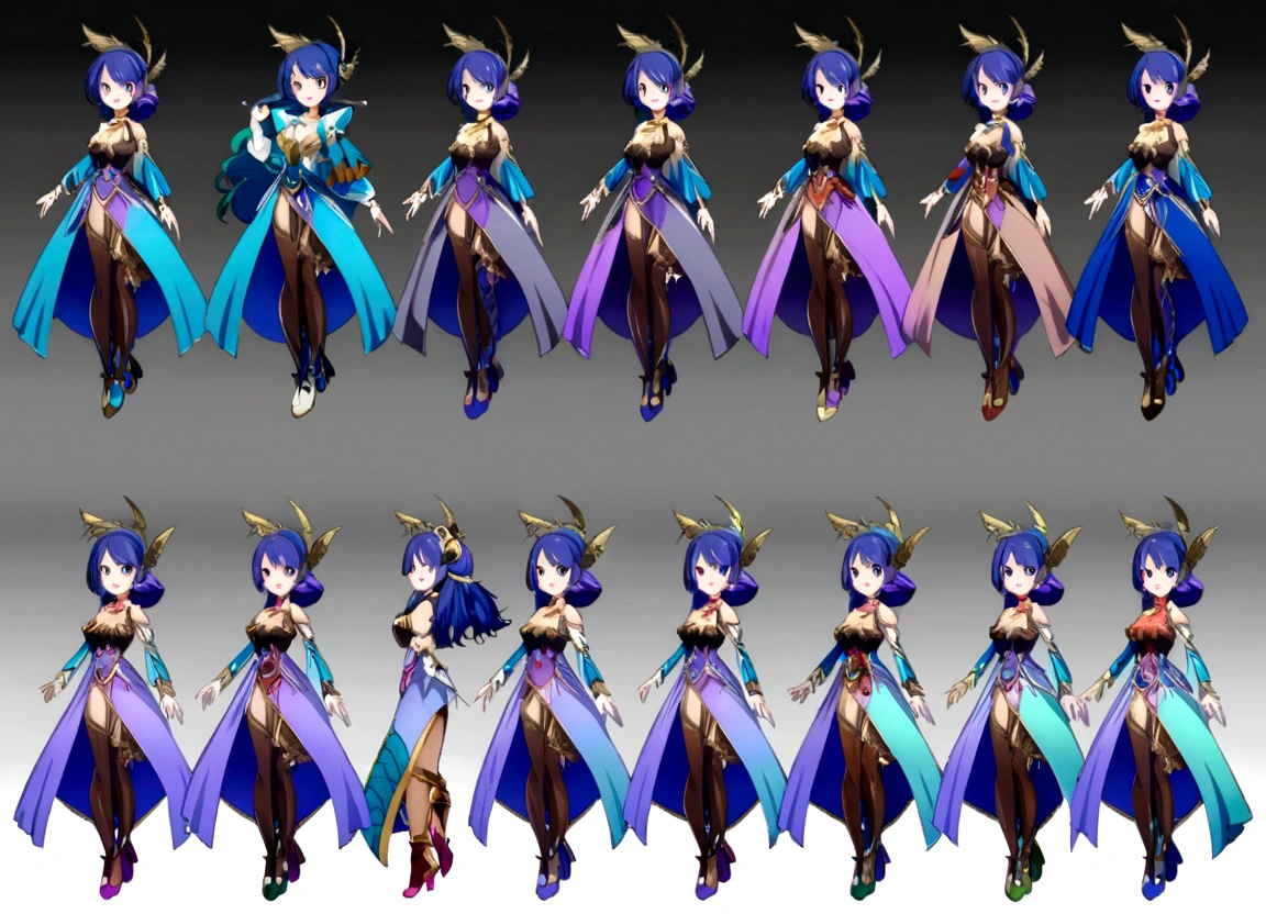 character design board, anime girl, design, just one character, clothes, rotation, fantasy clothes, complex design