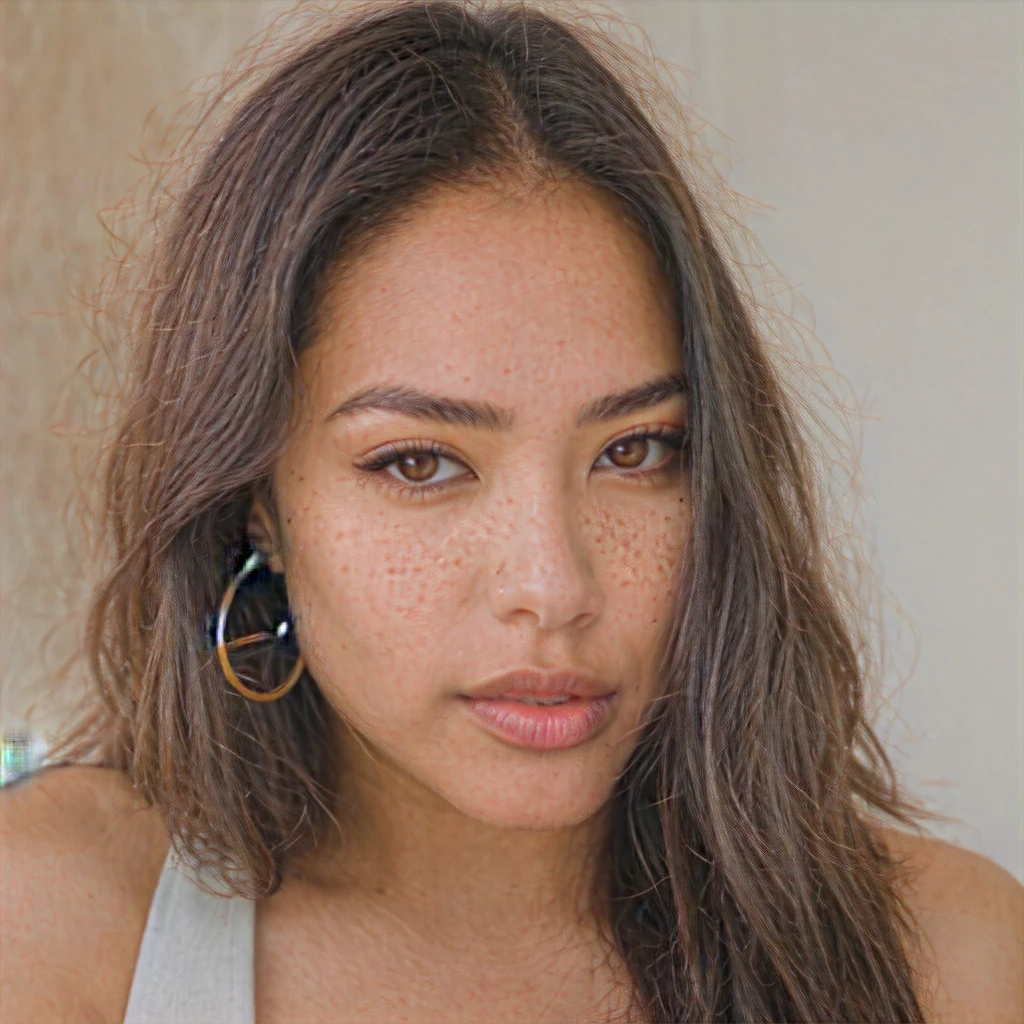 A young 19-year-old woman named Lila Nakamura with a mixed Asian and American heritage. She has thick dark black eyeliner, glossy lips, and a neutral to slight smile expression. She has straight, black hair with blonde highlights that falls just past her shoulders, styled in a neat and polished manner. Her eyes are almond-shaped with a light hazel color, accentuated by subtle eyeshadow and mascara. Her skin has a light to medium tone with a natural, fresh look, and she has a few delicate freckles across her nose. She is wearing a simple, professional outfit, consisting of a white blouse and dark jeans, and accessorized with small gold hoop earrings. The background is a neutral studio setting with soft lighting to highlight her features.

