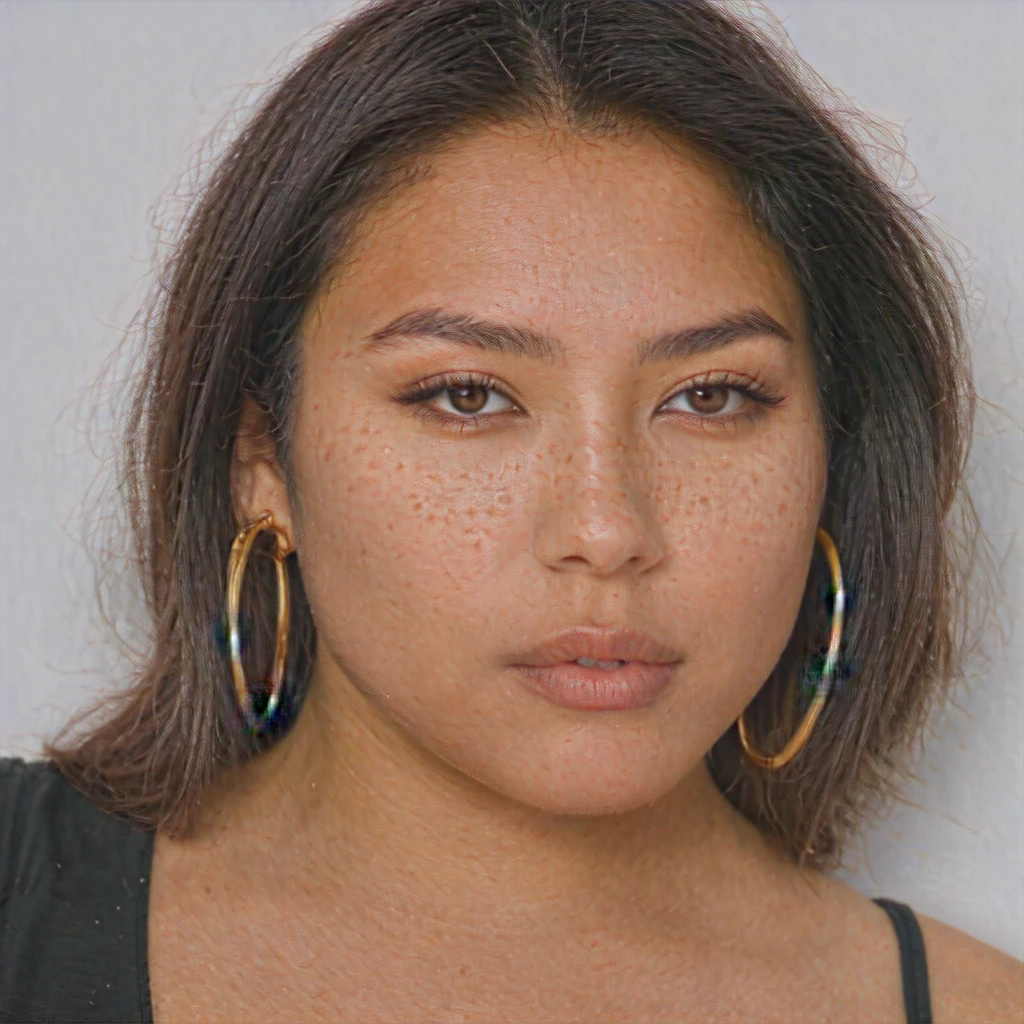 A young 19-year-old woman named Lila Nakamura with a mixed Asian and American heritage. She has thick dark black eyeliner, glossy lips, and a neutral to slight smile expression. She has straight, black hair with blonde highlights that falls just past her shoulders, styled in a neat and polished manner. Her eyes are almond-shaped with a light hazel color, accentuated by subtle eyeshadow and mascara. Her skin has a light to medium tone with a natural, fresh look, and she has a few delicate freckles across her nose. She is wearing a simple, professional outfit, consisting of a white blouse and dark jeans, and accessorized with small gold hoop earrings. The background is a neutral studio setting with soft lighting to highlight her features.