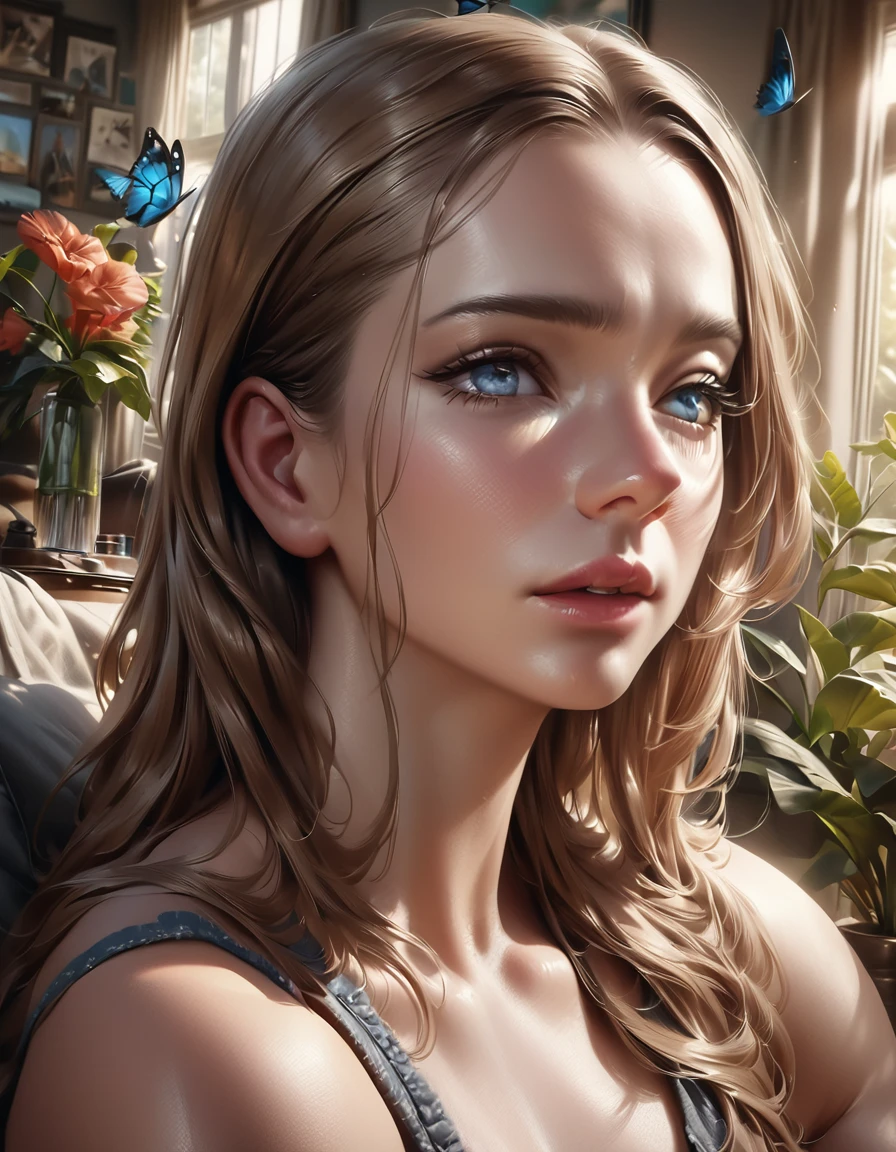 (Highest quality,4K,8K,High resolution,masterpiece:1.2),Super detailed,(Realistic,photoRealistic,photo-Realistic:1.37),Beautiful attention to detail,Beautiful lip detail,Highly detailed blue eyes and face,Long eyelashes,Flowing Hair,Garden view,Colorful flowers,Butterflies are flying,Soft lighting,Rich colors,Moderate: Oil, High nose,