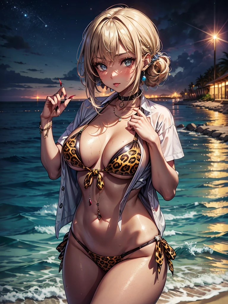 masterpiece, best quality, bokeh, 1girl, night, summer, beach, ocean
gyaru, tied shirt, open clothes, bikini, leopard print, dark skin, extreme piercing, long fingernails, sultry look, seductive,