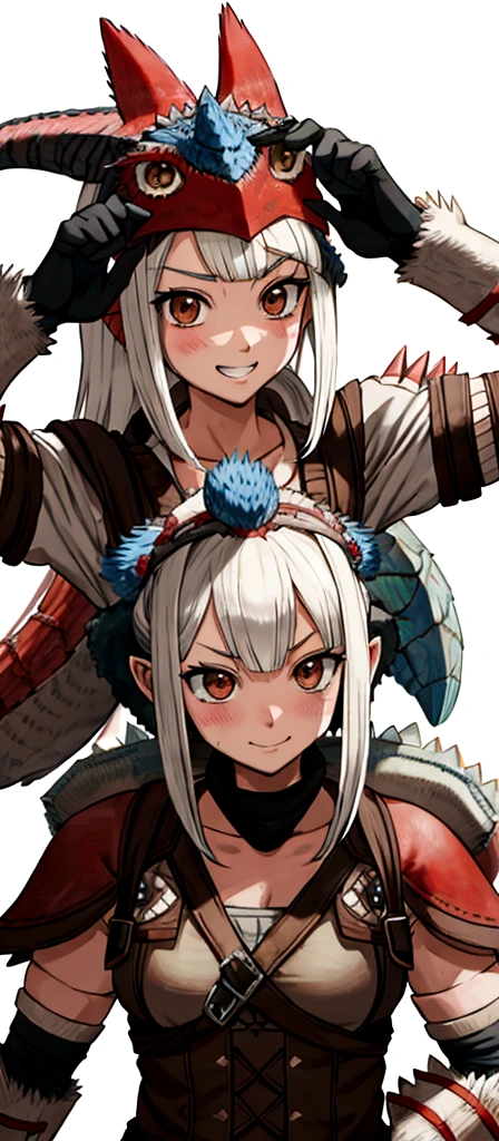 
((monsterhunter)), looking the viewer, solo, girl, shy, red cheek, bashful, embarrassed, smiling, happy, perfect face, muscular,  long hair, beautiful eye, upper body