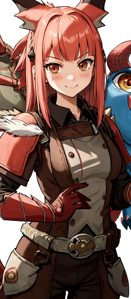 ((monsterhunter)), looking the viewer, solo, girl, shy, red cheek, bashful, embarrassed, smiling, happy, perfect face, muscular, long hair, beautiful eye, upper body
