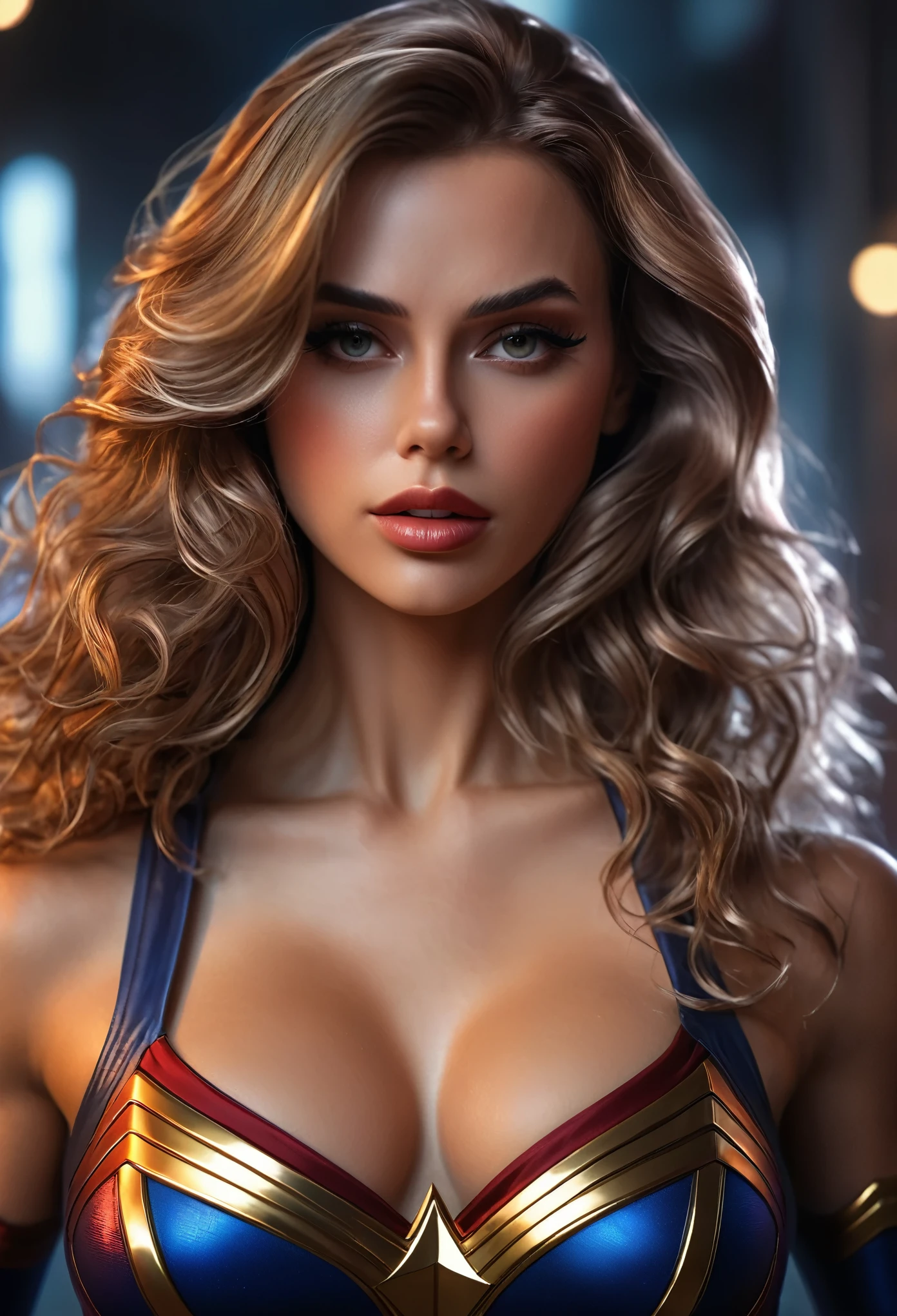 A sexy superheroine with wavy hair, powerful and seductive, detailed facial features, cinematic lighting, dynamic pose, dramatic atmosphere, vibrant colors, digital art, hyper realistic, 8k, award winning illustration, masterpiece UHD, 8k 