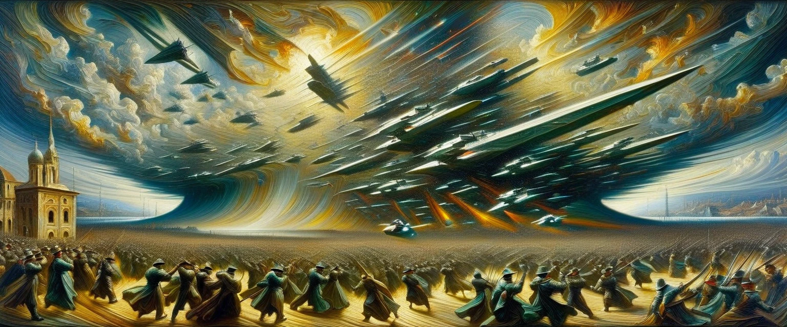 [panorama]:(best quality, Masterpiece:1,6)Space War((style by Umberto-Boccioni)), (oil painting), Detailed illustration, grotesque, Intricate details, tempering, (aesthetics), excitement, hyper-realistic, insanely detailed, 8k