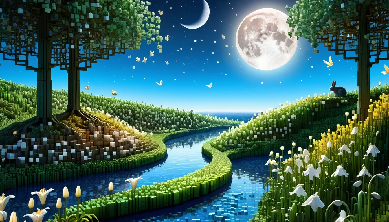 An enchanted forest made up of RAL-3D cubes, There are lots of small animals,Wrapped in the magical light of the moon,Very beautiful secret forest,You can see a beautiful river flowing from the top of the mountain.,Small rabbits and lilies are gathered together