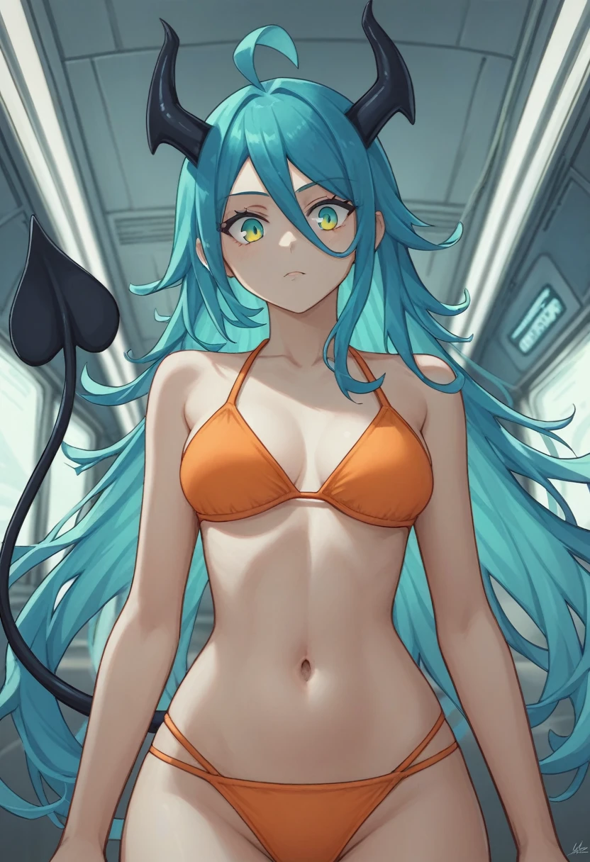 score_9, score_8_up, score_7_up,1 daemon woman, black demon horns, black demon tail, (aquamarine hair),aquamarine green color hair,ahoge, long hair, (long hair),bangs, light orange bikini, bikini is orange, bikini orange, orange bikini!, (aquamarine eyes), background is spaceship, aquamarine eyes, 1woman ,facing viewer, daemon girl, close up,Well-endowed, alone, Spacecraft interior