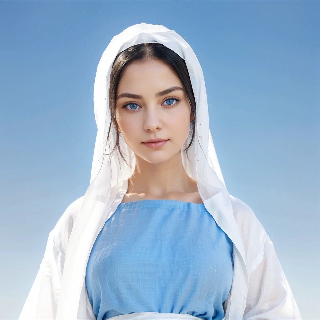 Beautiful woman with light blue eyes Very detailed, Raised eyebrows, Black hair. White linen tunic with wide, long sleeves, fitted at the waist with an interlaced white sash. Delicate female face with slight smile.