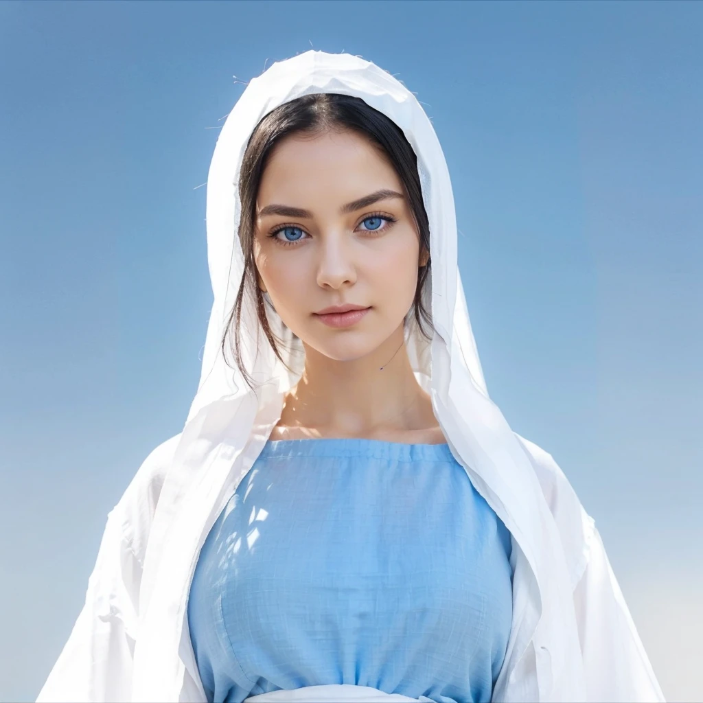 Beautiful woman with light blue eyes Very detailed, Raised eyebrows, Black hair. White linen tunic with wide, long sleeves, fitted at the waist with an interlaced white sash. Delicate female face with slight smile.