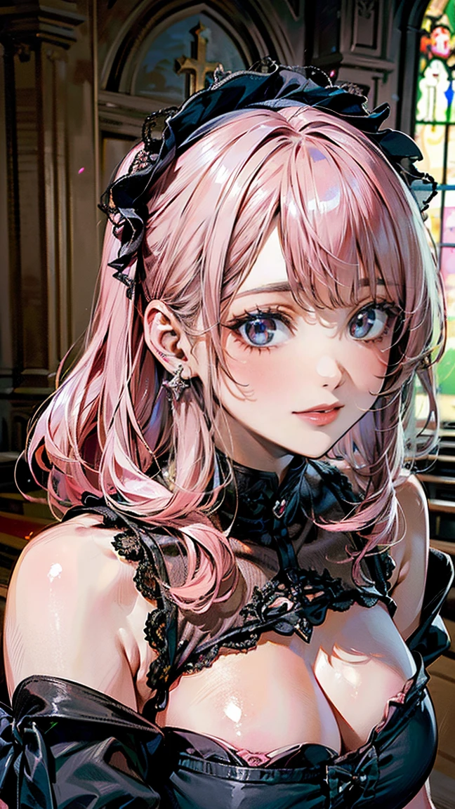 (Masterpiece, BestQuality:1.3), (ultra detailed:1.2), (hyperrealistic:1.3), (RAW photo:1.2), High detail RAW color photo, professional photograph, (Photorealistic:1.4), (realistic:1.4), professional lighting, perfect anatomy, (Big Breasts:1.2), (blush, detailed face), (cheerful Smile:1.5), (Pink Hair:1.5), Trending Hair&Trending Hairカラーをランダムに, earrings, necklace, bracelet, sexly, erotic sexly, Random sexy gravure poses, (A beautiful woman wearing a black dress in Gothic ta fashion、In an old church, her dress is open and her breasts are completely exposed.。: 1.3)
