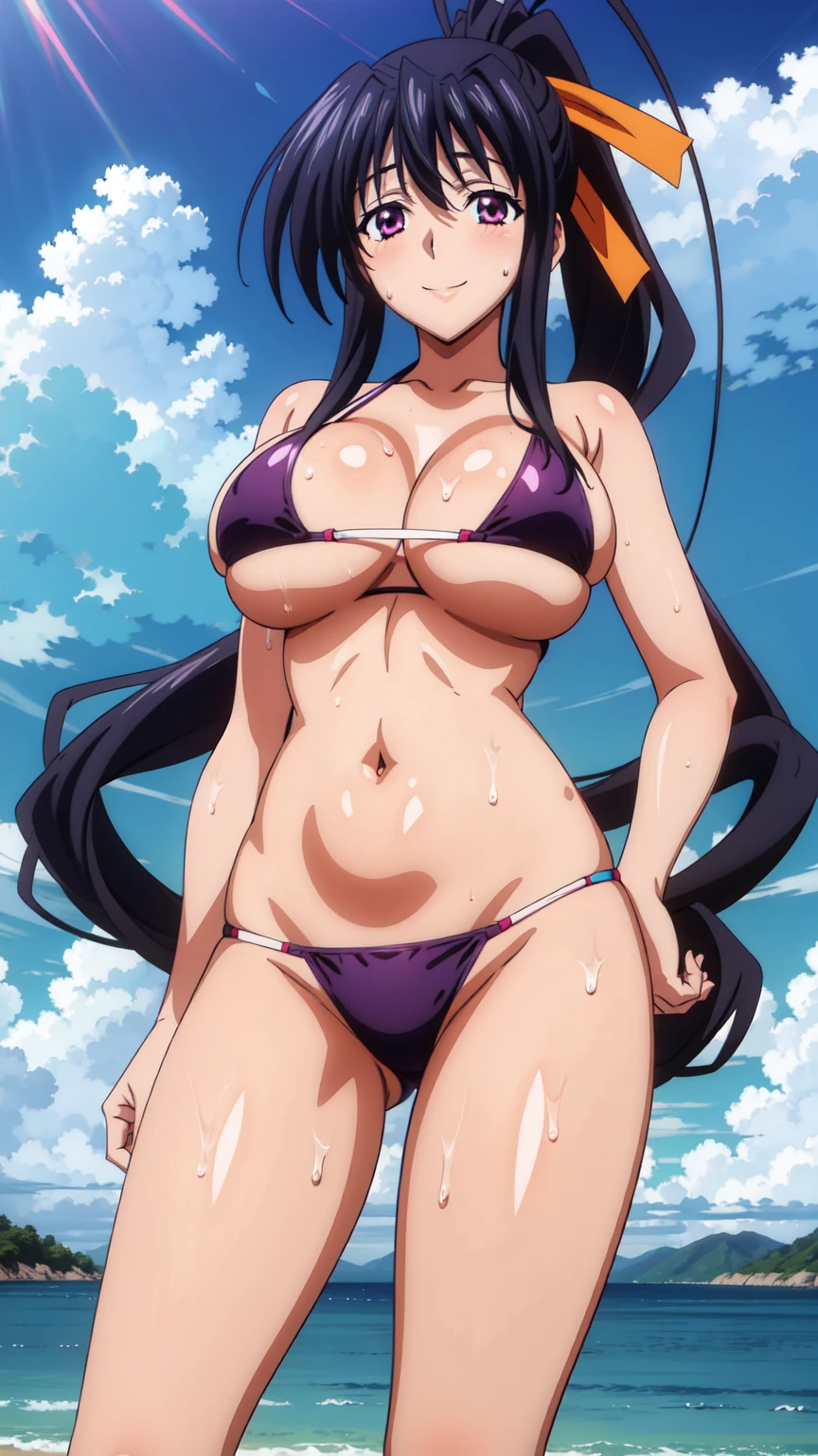 eft_dxd_akeno, 1girl, himejima akeno, solo, long hair, black hair, hair ribbon, purple eyes, ponytail, very long hair, Smiling, looking at the viewer, blue theme, blue background, cloudy sky, sunlight, sweat, orgasmic, bikini swimsuit, large breasts, cleavage, belly button exposed, collarbone, thighs, sea and beach,
