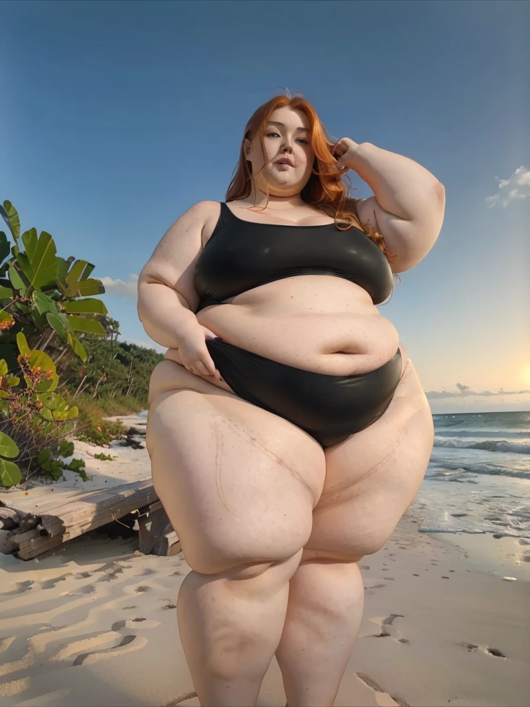 A Cute sitting photo of a Beautiful ginger BBW, with long wavy light Brownish-ginger hair, freckled body with big soft fat belly, thicc fat arms, thicc wide legs, small breasts, lot of freckles on arms, in a black swimsuit, standing on a beach 