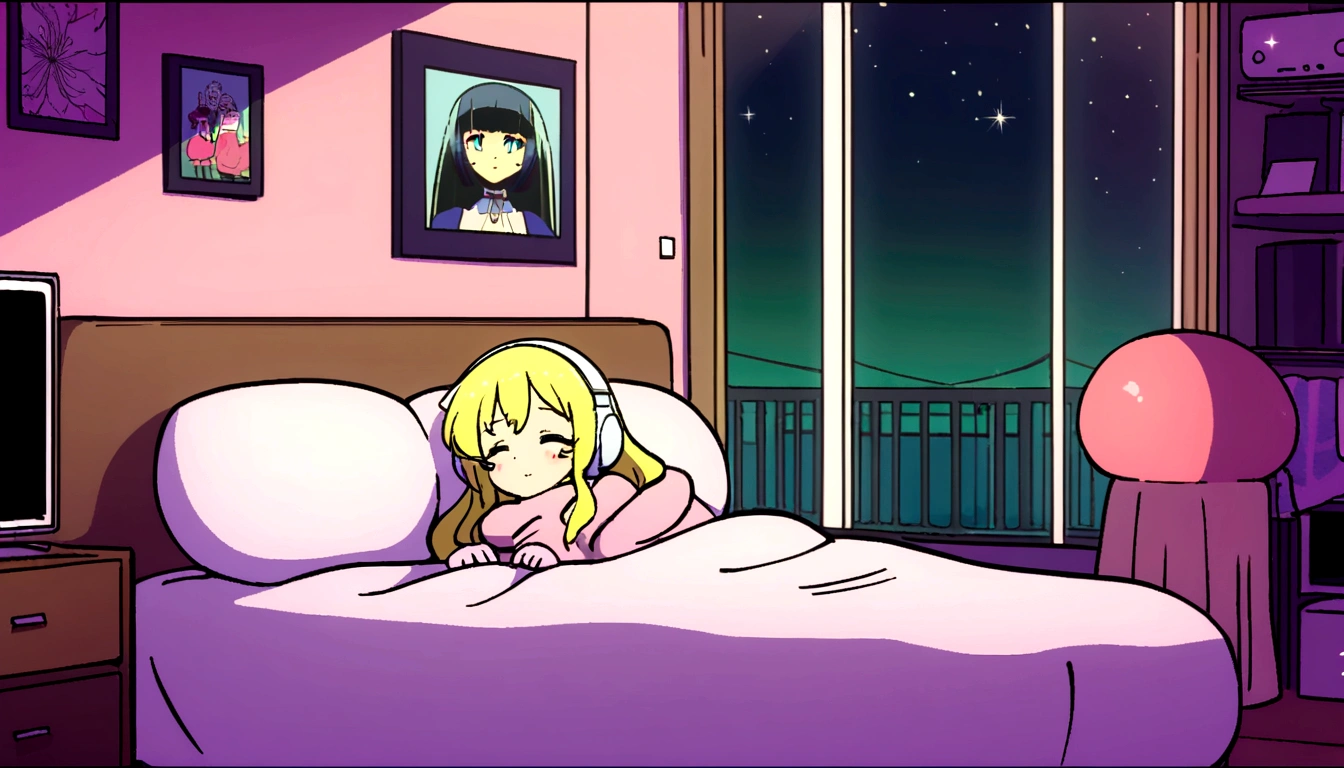 imagem perfeita, 8k, Girl listening to music in a cozy room at night, Usando fones de ouvido, Anime estilo 2D, Lo-fi, disco Rigido, Ambiente escuro, Cuddled with her boyfriend,