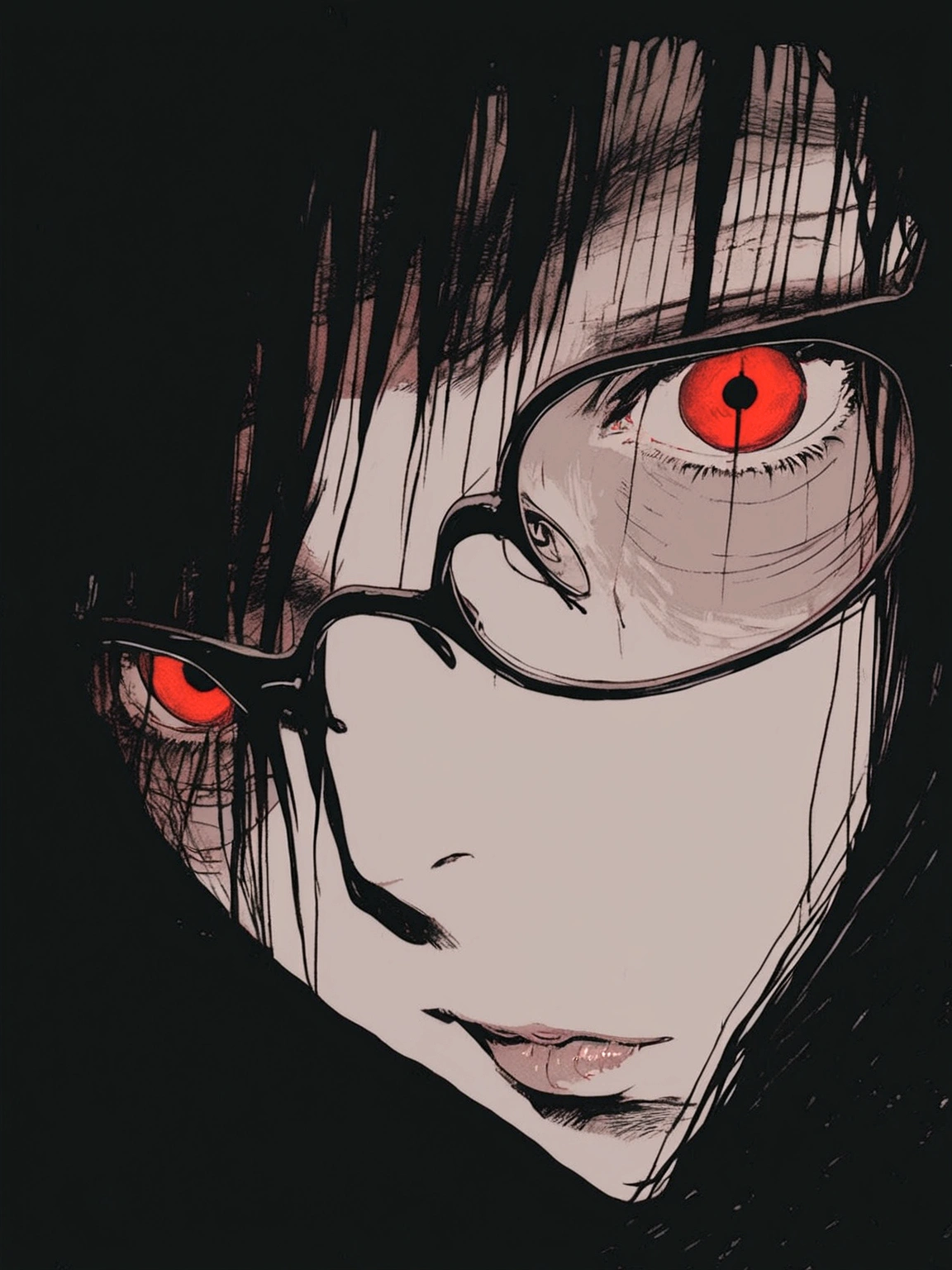 anime, girl, glasses, red eyes, black background, eyes, a character portrait inspired by Junji Ito, trending on cgsociety, serial art, with haunted eyes and glasses, junji ito 4 k, with red glowing eyes, ito junji art, with glowing red eyes, with red eyes, junji ito artwork, subtle junji ito, fully red eyes