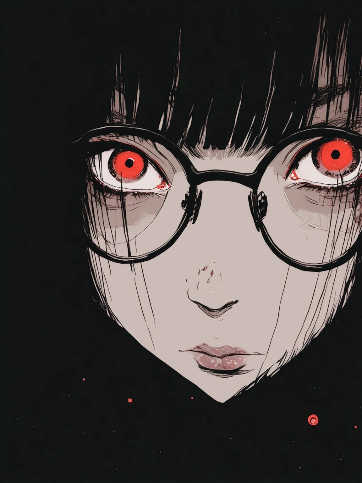 anime, girl, glasses, red eyes, black background, eyes, a character portrait inspired by Junji Ito, trending on cgsociety, serial art, with haunted eyes and glasses, junji ito 4 k, with red glowing eyes, ito junji art, with glowing red eyes, with red eyes, junji ito artwork, subtle junji ito, fully red eyes