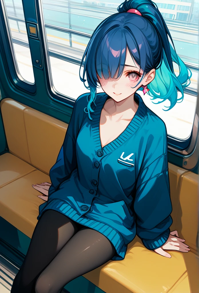 mature woman, mature face, pink eyes, shy expression, shy face, nervous smile, glossy lips, ponytail hair, (blue hair color, pink gradient hair color, azure color hair), bangs covering left eye, left blinding bangs hairstyle, mature body, small breasts, dark blue cardigan, short skirt, navy color skirt, pantyhose, sitting in train, bullet train, tokyo through windows, windows behind, above view