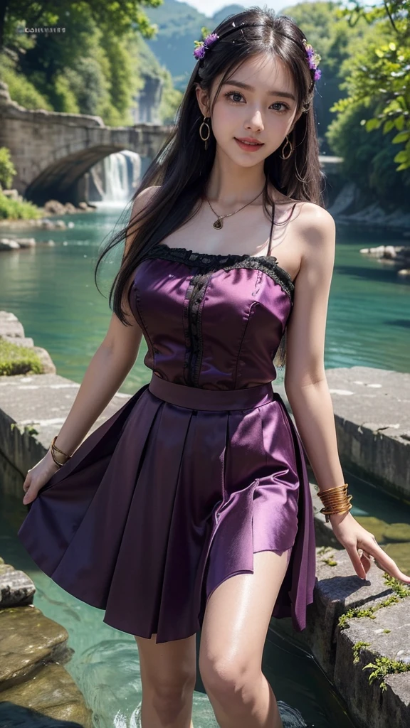 8k, masterpiece, RAW photo, best quality, photorealistic, extremely detailed CG unity 8k wallpaper, Depth of field, Cinematic Light, Lens Flare, Ray tracing, (extremely beautiful face, beautiful lips, beautiful eyes), intricate detail face, ((ultra detailed skin)) , in the dark, deep shadow, pretty Asian girl, idol, 1 girl, (very slim slender fit-muscled body:1.3), ((looking at viewer)),((big smile:1.3)), (tight Matty silky satin Violet colour laced blouse), 1 Beautiful girl, (Detailed face,beautiful eyes, beautiful earrings, bracelets, necklace, pantyhose, clear eyes, (pale skin), (big eyes), face forward, ((upper body shot)), ((Matty silky satin Violet color above knee length skirt)), (Black hairs),((long Hair)), ((Matty satin silky Violet laced skirt)),(detailed pupils,detailed clothes features, Clear background:1.3), (armlets, bangle:1.3), ((Mysterious ancient ruins)), floresta exuberant, Deep canyon,((bridge)), River,cliff,Cloud,lakes,Rock music,((Waterfalls)), ((walking in Water)), ((Rose flower plants besides of river water)), Grass,grape trees,tree,bright detail,Sharp,Perfect compounding, Intricate, Sharp focus, Dramatic,(very slim), Breast, ((super round breasts under the dress)), ((flooming laced)), updo hair, ((Above knee length skirt)), ((above knee length skirt)), 4 Different types poses, Cinematic photography, Sexy angles, medium butt, ((Flying many Butter fly's in beside of me)),