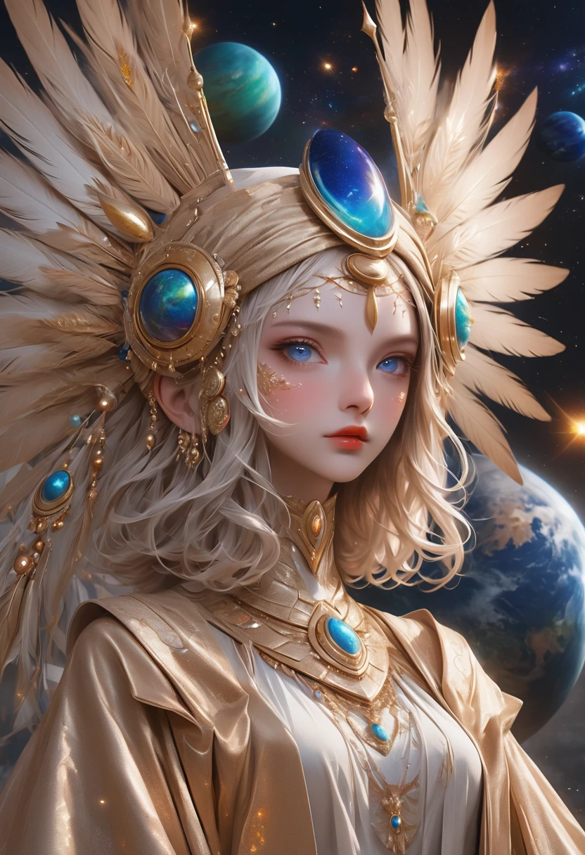 (masterpiece, best quality:1.2), 1 beautiful girl,Exquisite facial features,Bright Eyes,Skin details,Exaggerated planet headdress,track,Clean background