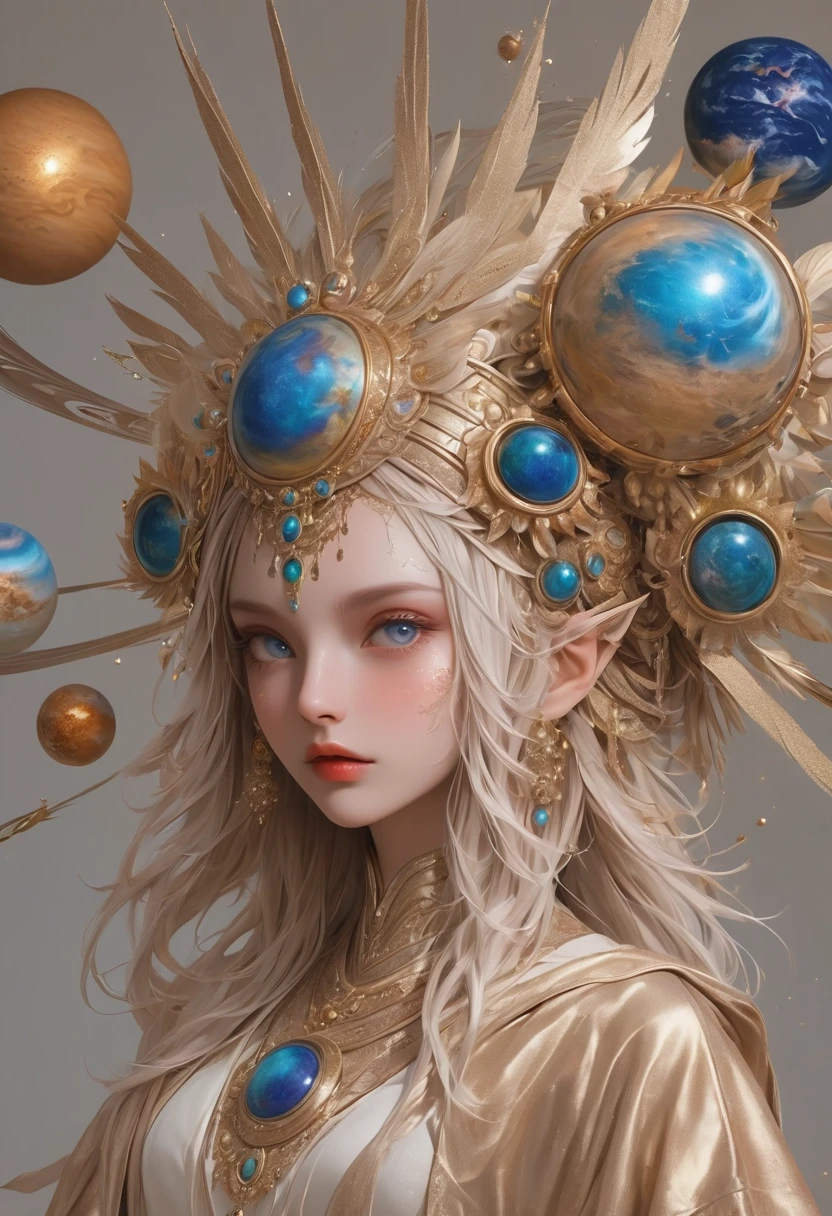 (masterpiece, best quality:1.2), 1 beautiful girl，Exquisite facial features，Bright Eyes，Skin details，Exaggerated planet headdress，track，Clean background