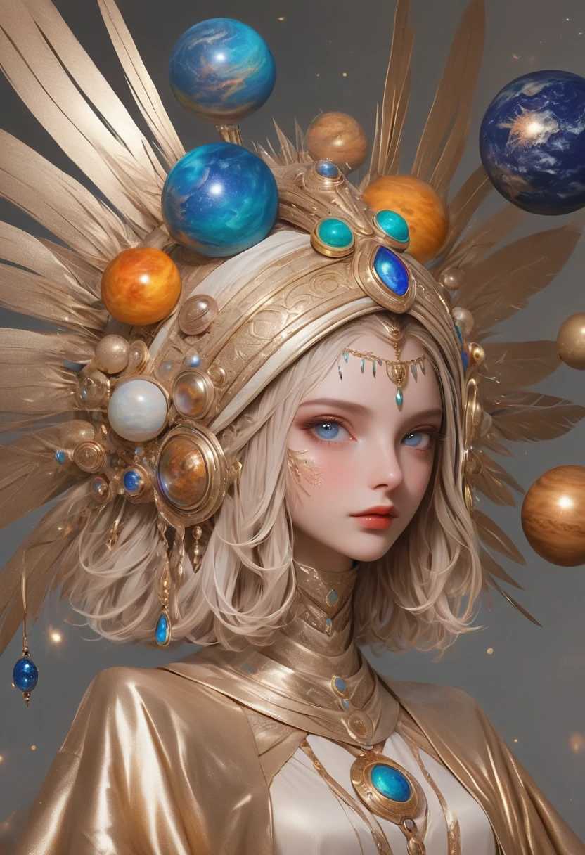 (masterpiece, best quality:1.2), 1 beautiful girl,Exquisite facial features,Bright Eyes,Skin details,Exaggerated planet headdress,track,Clean background