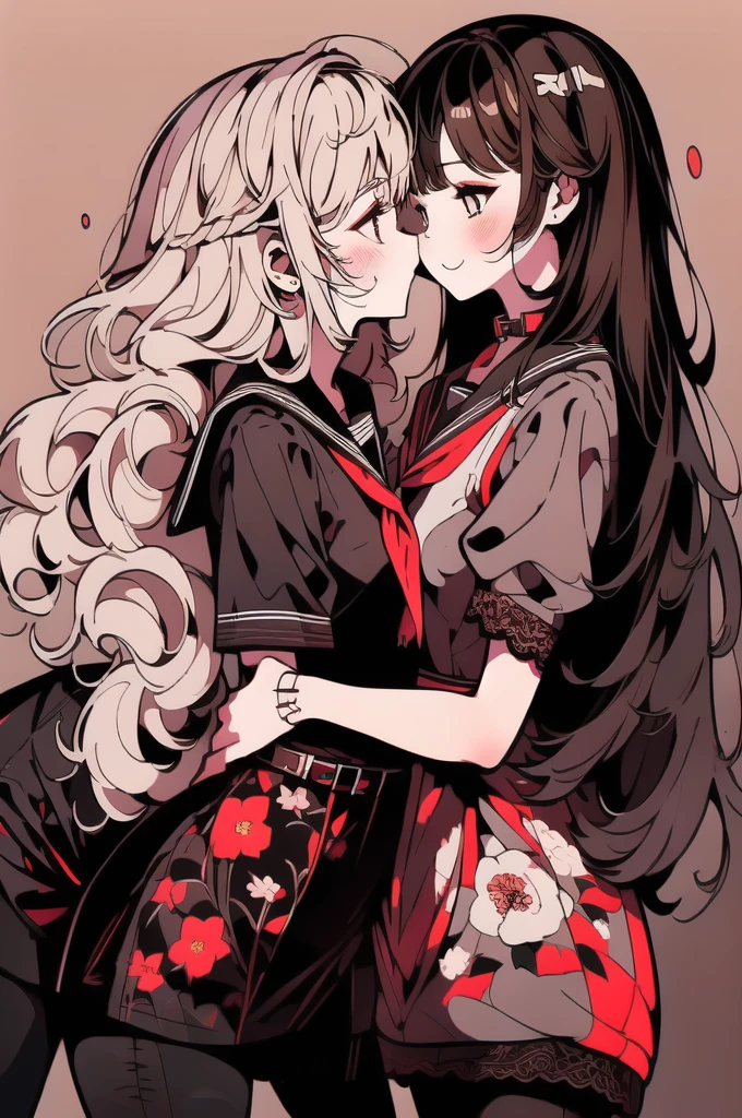 (((YURI))), Perfect Face, Multiple Girls, (((2Girls))), ((Brown Hair Gril, Short Hair)), ((Blonde Hair Girl, Wavy Hair)), (((Two Friendly Girls:1.4))), (Hug, Holding Waist, Hold her waist.), Open Mouth:0.5, kiss:0.5, (((Symmetrical Posture, Cheeks Touching:1.5))), (((Smile))), (Half Closed Eyes), BREAK; 
(MakeUp, Red Eyeliner), (Wavy Hair, Short Hair), ((School Uniform, Sailor Suit, Dark Brown Collar, Dark Brown Shirts, Short Sleeve, Red Neckerchief)), ((School, Dark Brown Skirt)), (Brown Lace Pantyhose, Lace:1.5), Thighs:1.1, (Brown Loafers), Slender Body, ((Small Breasts:1.4)), Red Nails, 
BREAK; 
(8K, Best Quality, Ultra Detailliert, Highres, Absurdres, Perfect Anatomy, Masterpiece), Strong Outline, Five Fingers, (Blush), ((Posed Photo:1.3)), ((Wide-Angle Photo:1.3)), Dutch Angle, (Floral Print:1.3), (White BackGround), (Flower BackGround:1.3), (Floral BackGround:1.3),