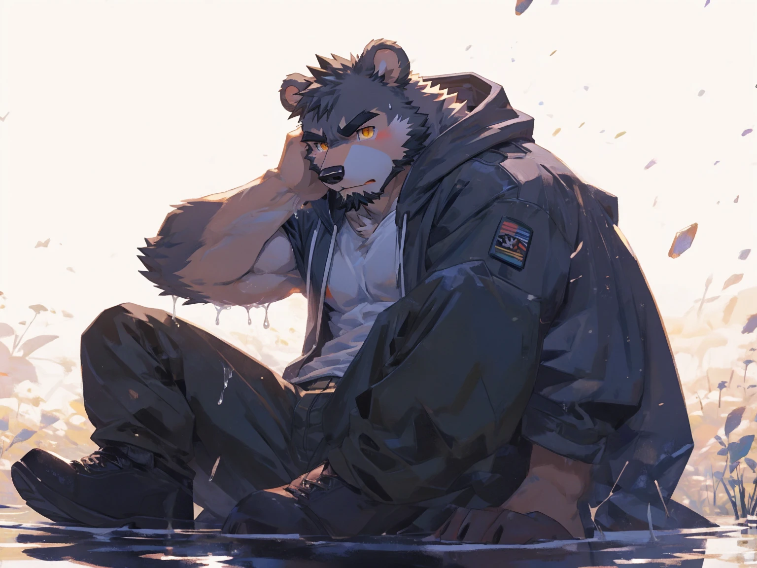 (masterpiece:1.2), best quality,pixiv,official art,perfect anatomy, (Ray tracing, light),solo, (1_male:1.3) , (muscle), (grey fur:1.4), (muscle bear), (beard:1.2), (gleaming golden eyes), bear tail, full body, Thick black eyebrows,(open hooded parka), (naked inside), (cargo pants:1.2), boots , (pure white background: 1.3), wet, wet body , Rain , rainning , fog , unhappy