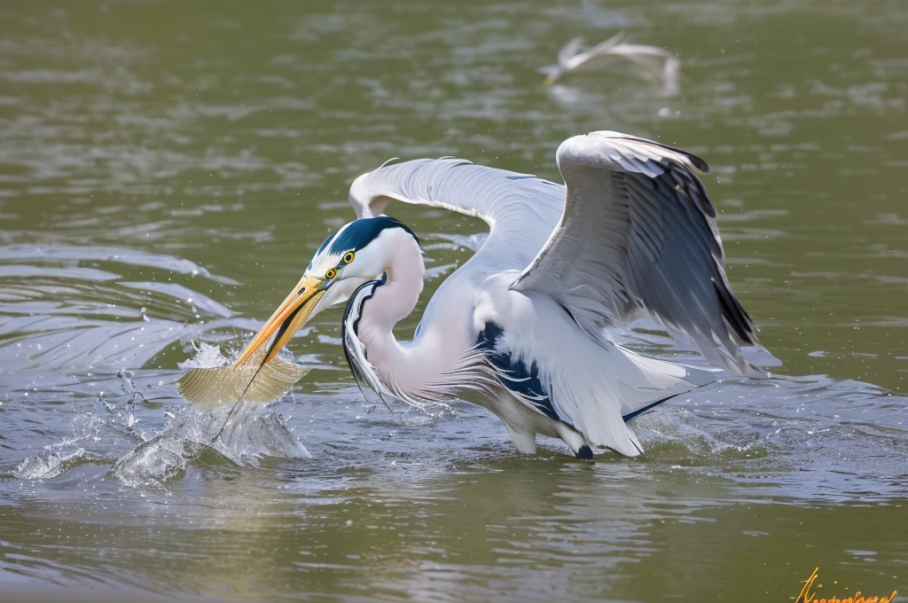 There was a bird standing in the water,A fish in his mouth, heron prestorn, Fierce Battle, tensedmoment, Photos taken with Nikon D750, Photos taken with Nikon D750, Award-winning photos, Beautiful and graceful, heron, Fierce battles, very happy!, Award-winning shots, Photo showing,