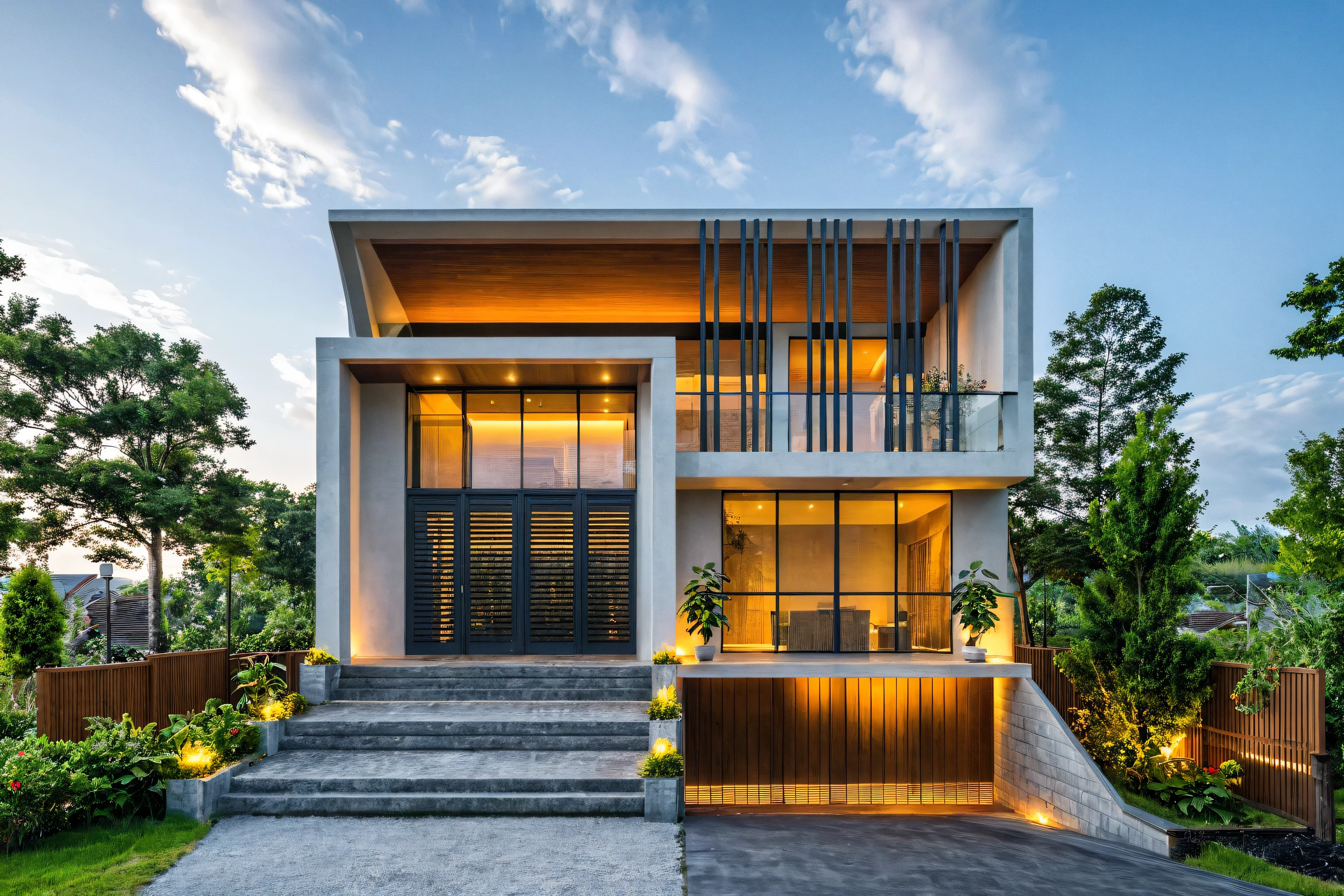 Masterpiece, high quality, best quality, authentic, super detail, outdoors, onestoreyvillaXL, aiaigroup, house style modern, white wall ,pavement, grass, trees, dusk sky, cloud, (daylight:1.1)
