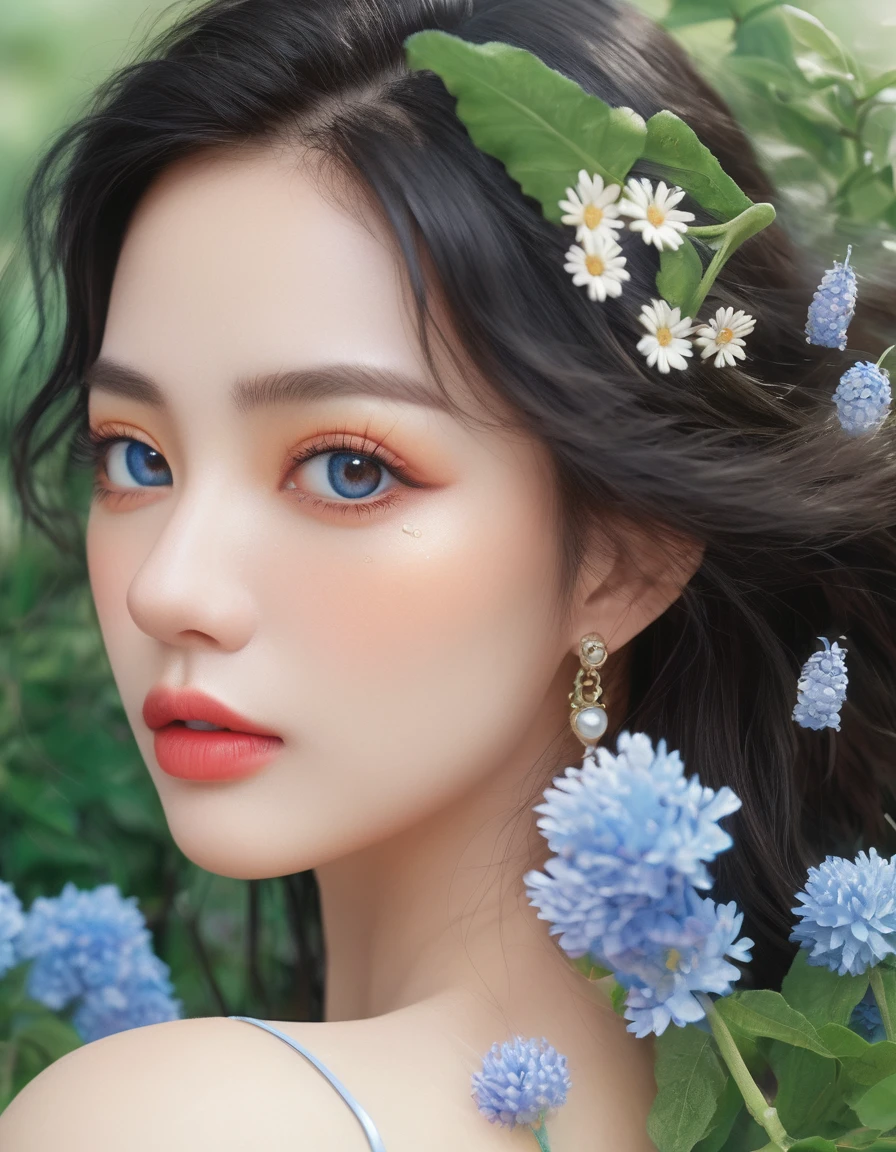 (Highest quality,4K,8K,High resolution,masterpiece:1.2),Super detailed,(Realistic,photoRealistic,photo-Realistic:1.37),Beautiful attention to detail,Beautiful lip detail,Highly detailed blue eyes and face,Long eyelashes,Flowing Hair,Garden view,Colorful flowers,Butterflies are flying,Soft lighting,Rich colors,Moderate: Oil, High nose,  