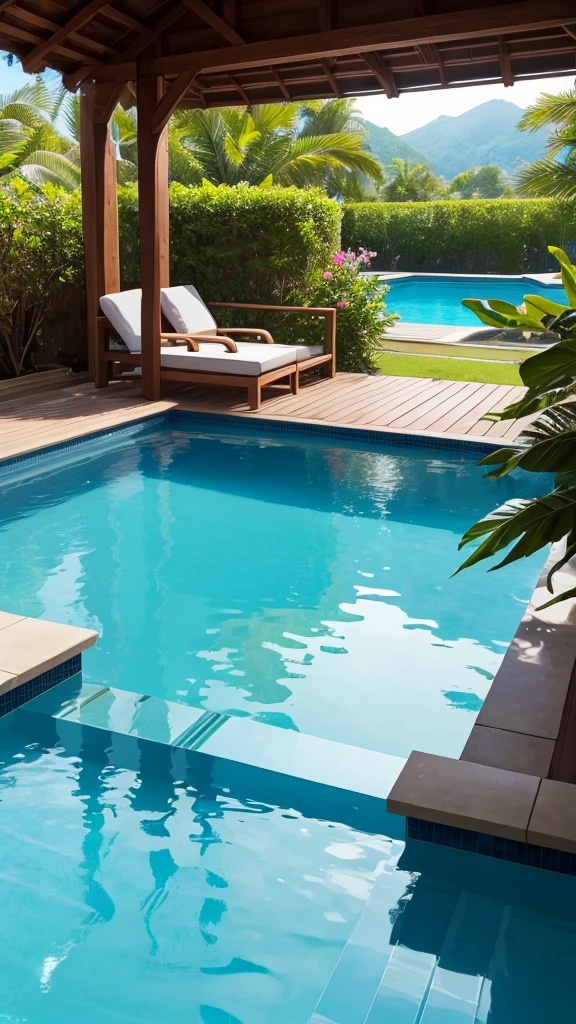 (masterpiece,Highest quality:8K) Close-up of a swimming pool with sofas and tables, Next to the tropical pool, Next to the pool, Close to real nature, 😭 🤮 💕 🎀, beautiful place, Calm and peaceful style, Snapchat Photos, paradise in the background, 素晴らしいmasterpiece, Dreamy details, Dream Pool, Sit on the edge of the pool, Pools and Streams